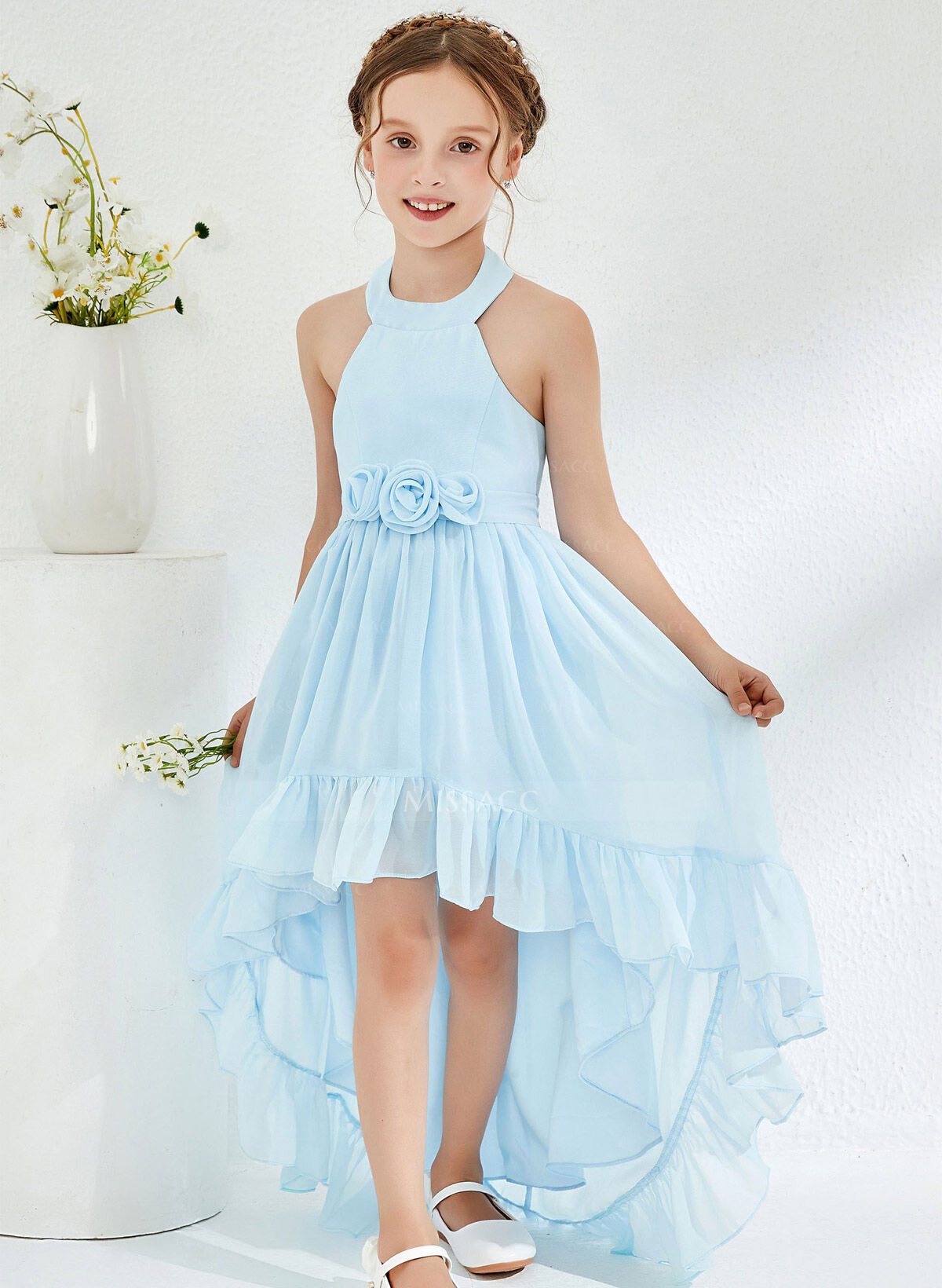 A-Line Halter Sleeveless Asymmetrical Chiffon Junior Bridesmaid Dresses With Sash/Flower(s)