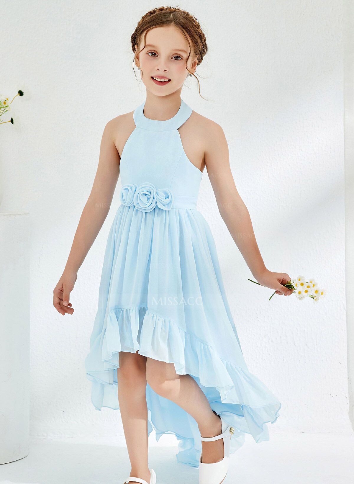 A-Line Halter Sleeveless Asymmetrical Chiffon Junior Bridesmaid Dresses With Sash/Flower(s)