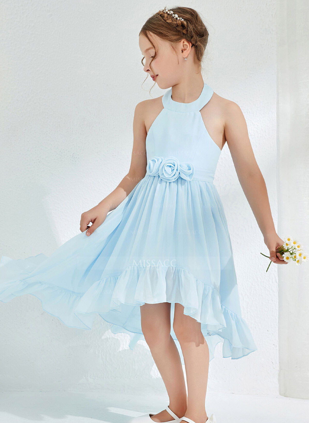 A-Line Halter Sleeveless Asymmetrical Chiffon Junior Bridesmaid Dresses With Sash/Flower(s)