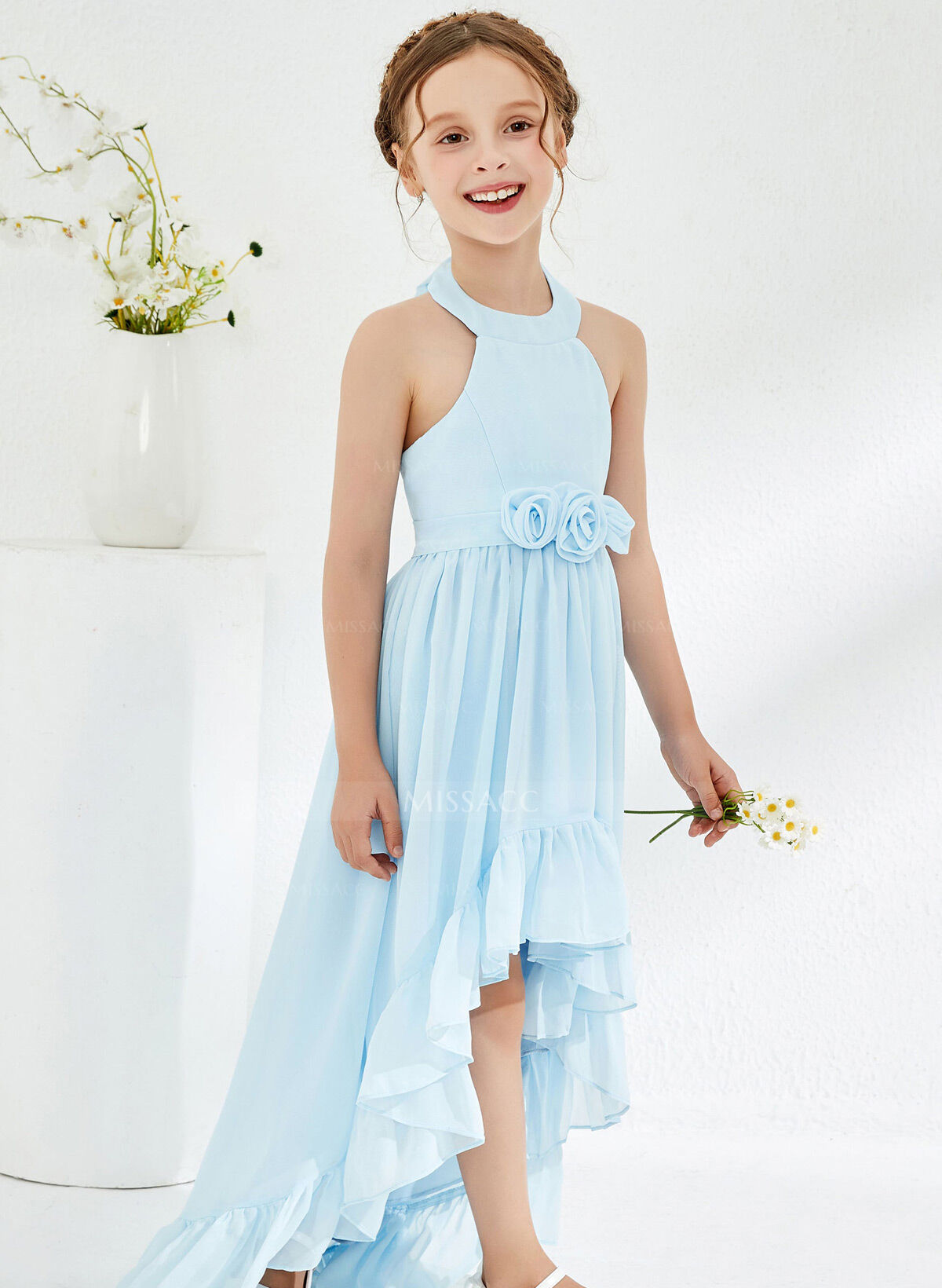 A-Line Halter Sleeveless Asymmetrical Chiffon Junior Bridesmaid Dresses With Sash/Flower(s)