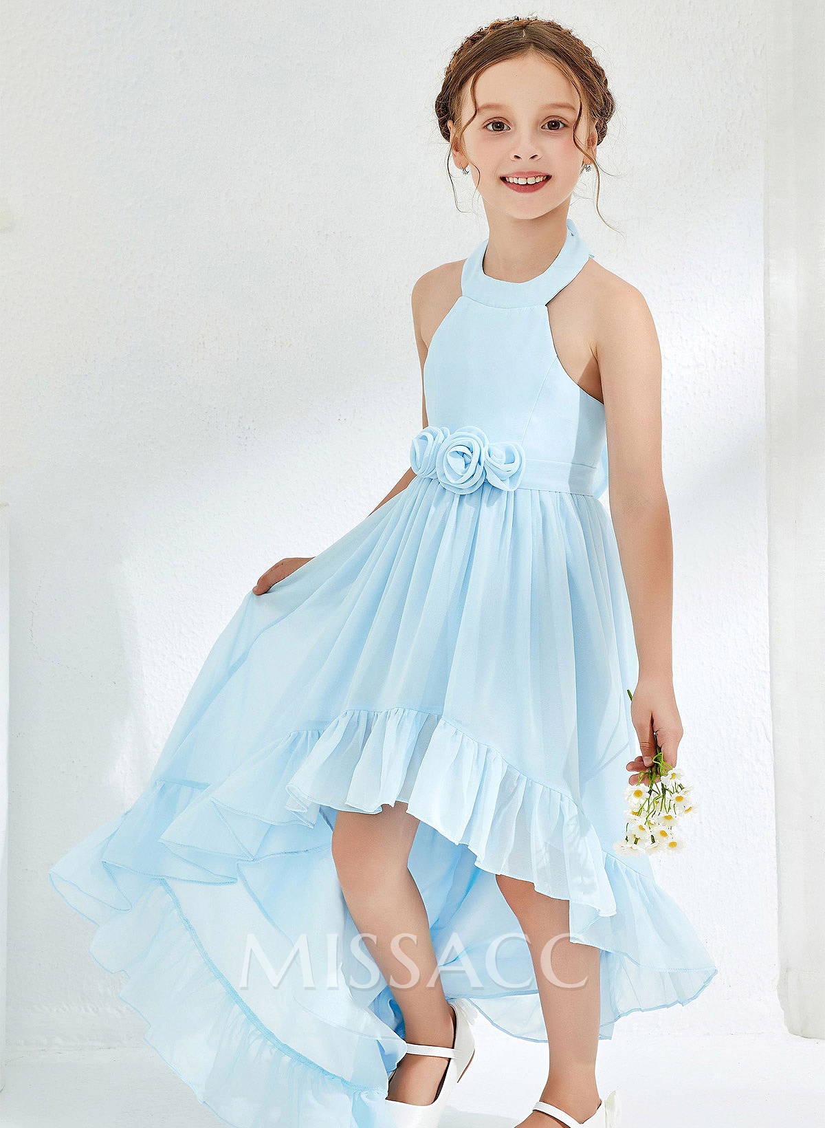 A-Line Halter Sleeveless Asymmetrical Chiffon Junior Bridesmaid Dresses With Sash/Flower(s)