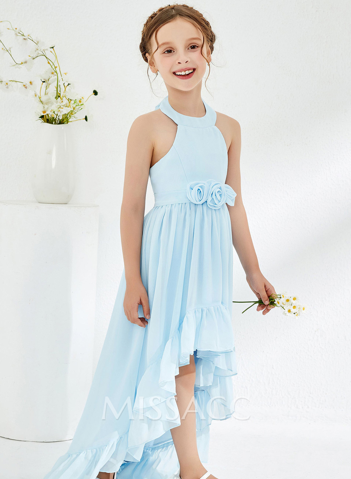 A-Line Halter Sleeveless Asymmetrical Chiffon Junior Bridesmaid Dresses With Sash/Flower(s)