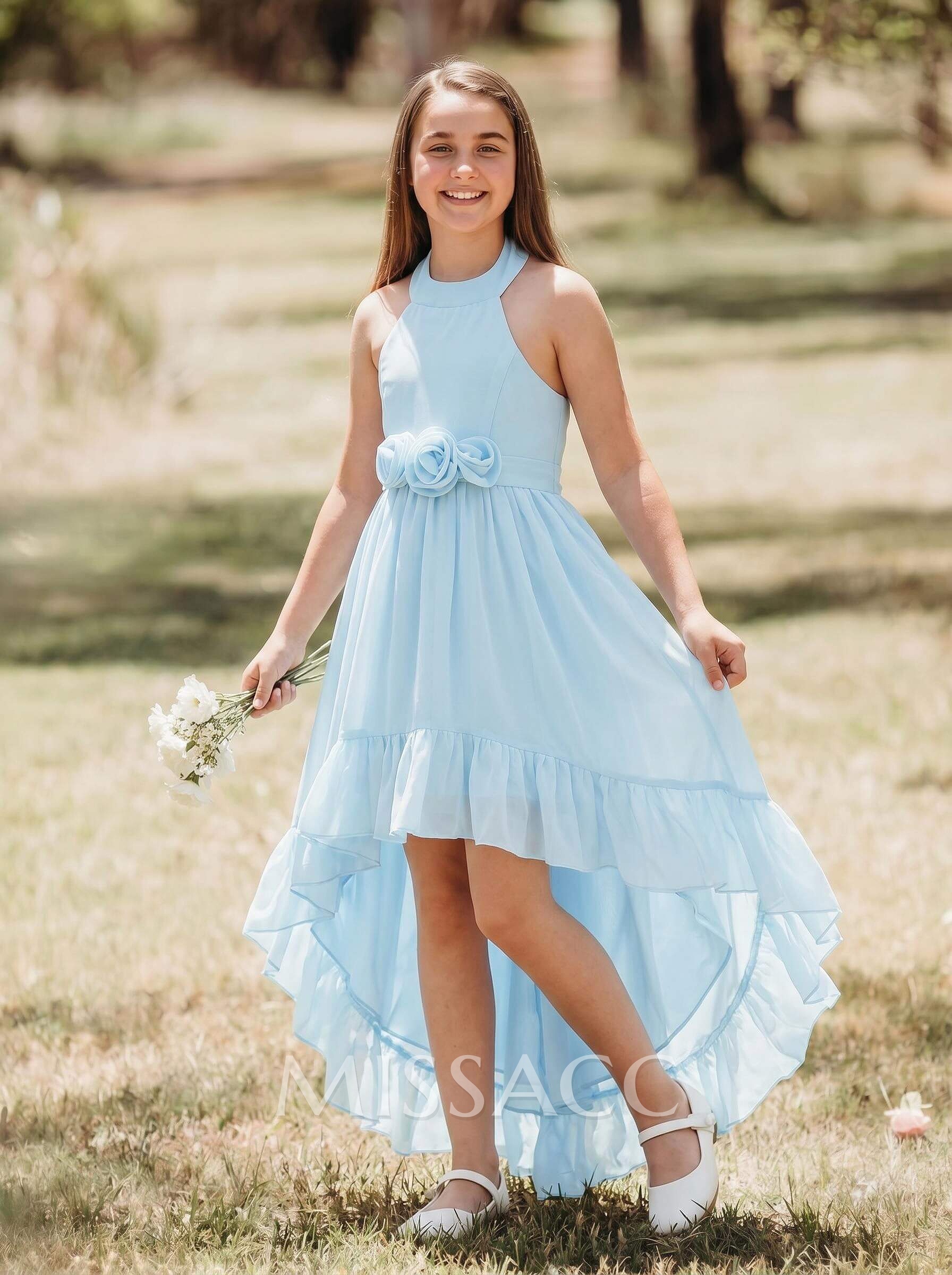A-Line Halter Sleeveless Asymmetrical Chiffon Junior Bridesmaid Dresses With Sash/Flower(s)