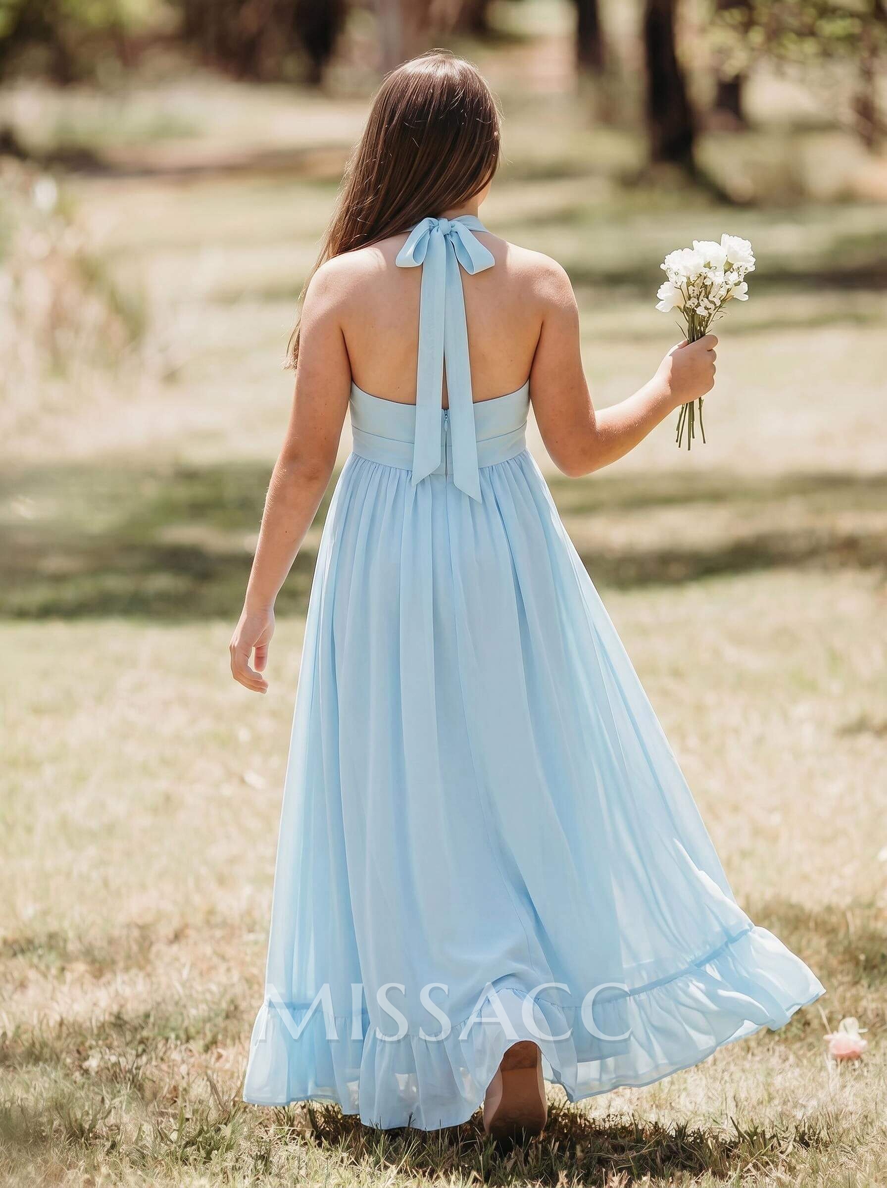A-Line Halter Sleeveless Asymmetrical Chiffon Junior Bridesmaid Dresses With Sash/Flower(s)