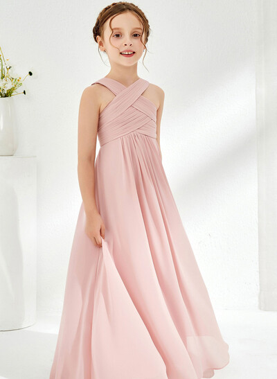 A-Line Halter Sleeveless Floor-Length Chiffon Junior Bridesmaid Dresses With Pleated