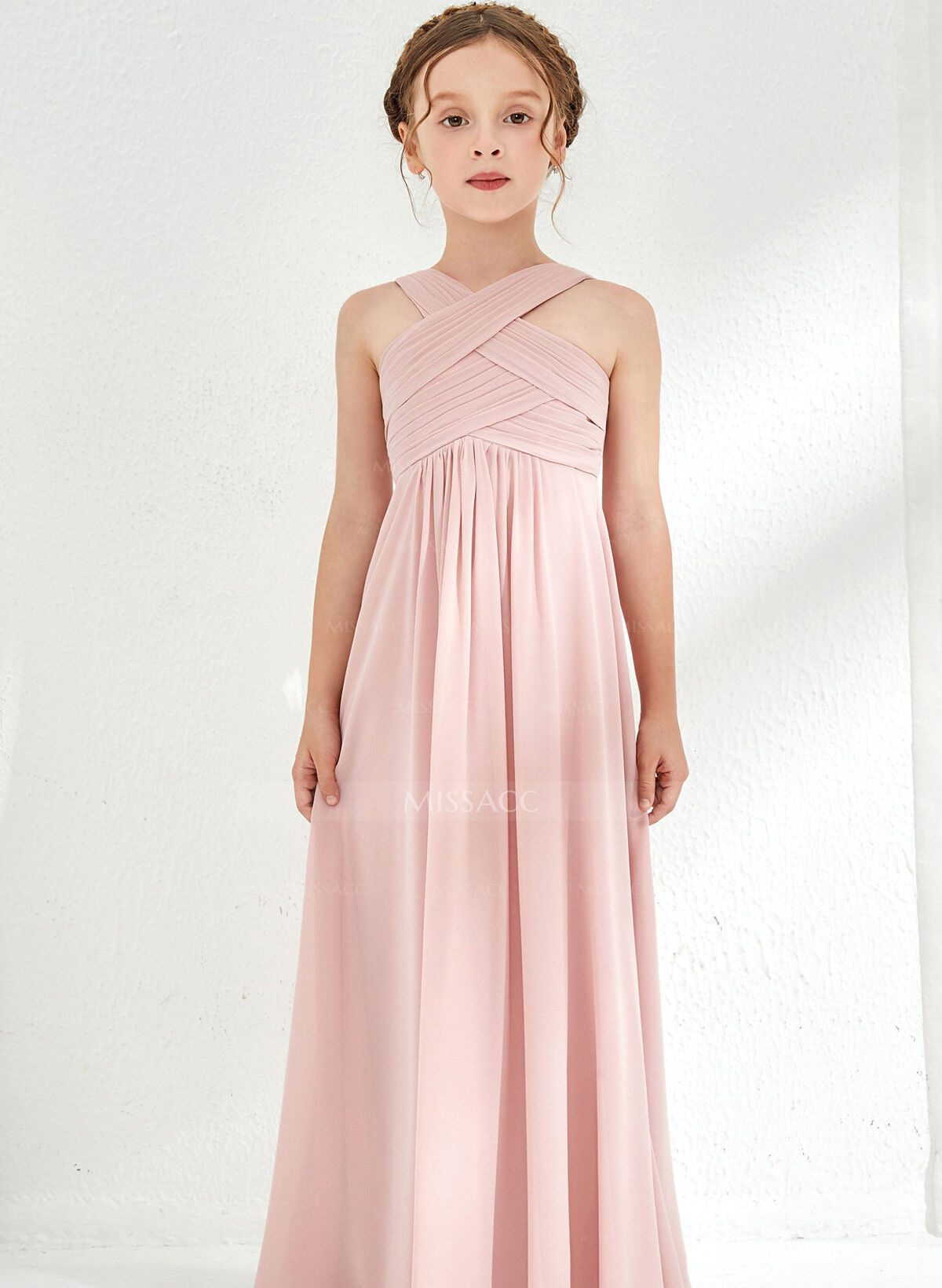 A-Line Halter Sleeveless Floor-Length Chiffon Junior Bridesmaid Dresses With Pleated