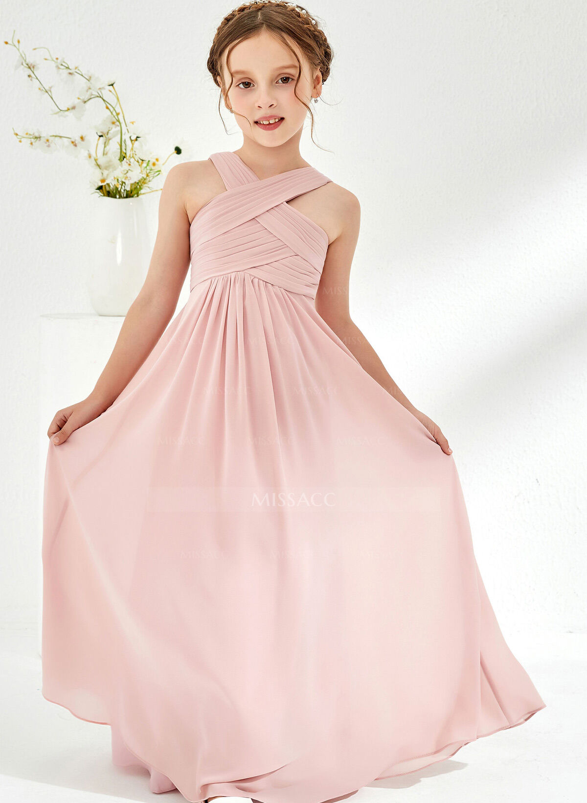 A-Line Halter Sleeveless Floor-Length Chiffon Junior Bridesmaid Dresses With Pleated