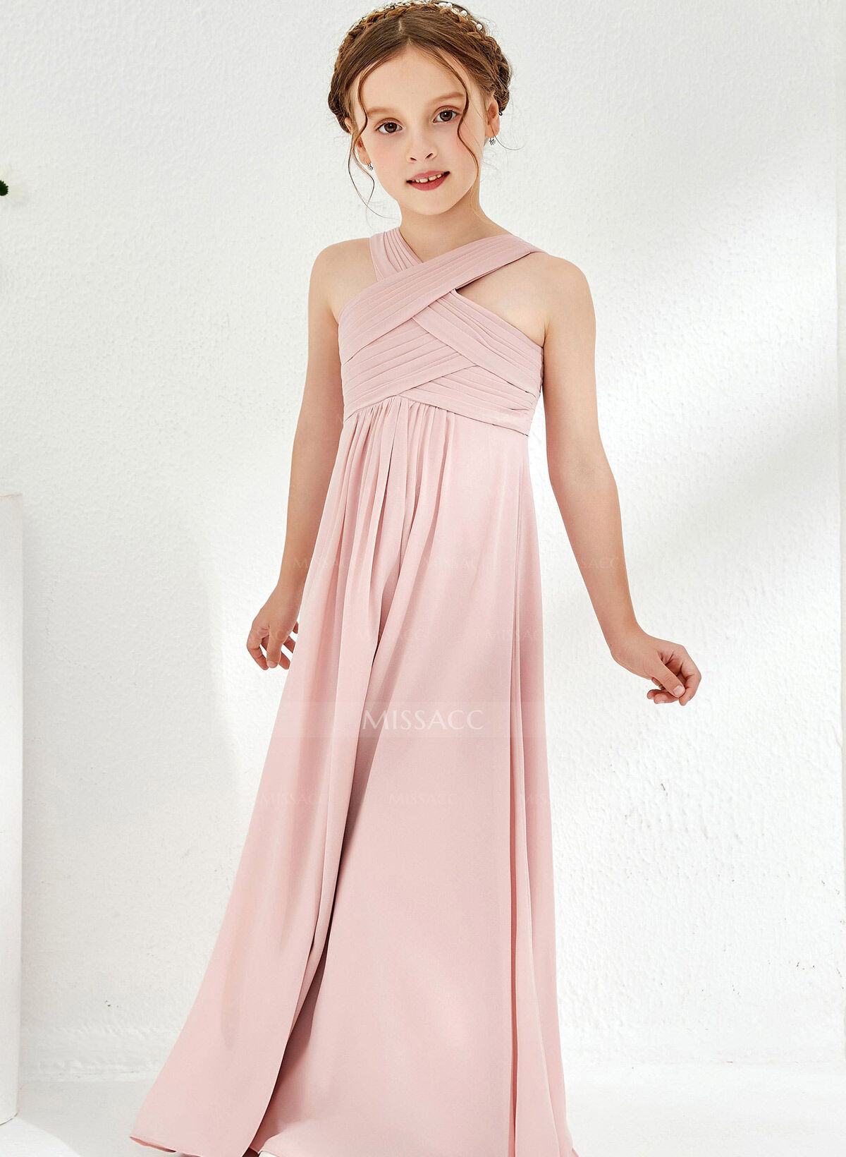 A-Line Halter Sleeveless Floor-Length Chiffon Junior Bridesmaid Dresses With Pleated