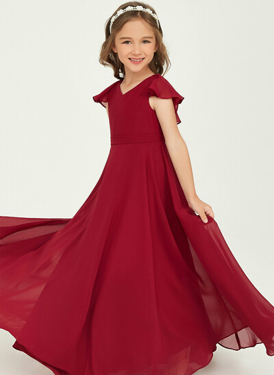 A-Line V-Neck Short Sleeves Floor-Length Chiffon Junior Bridesmaid Dresses With Ruffle
