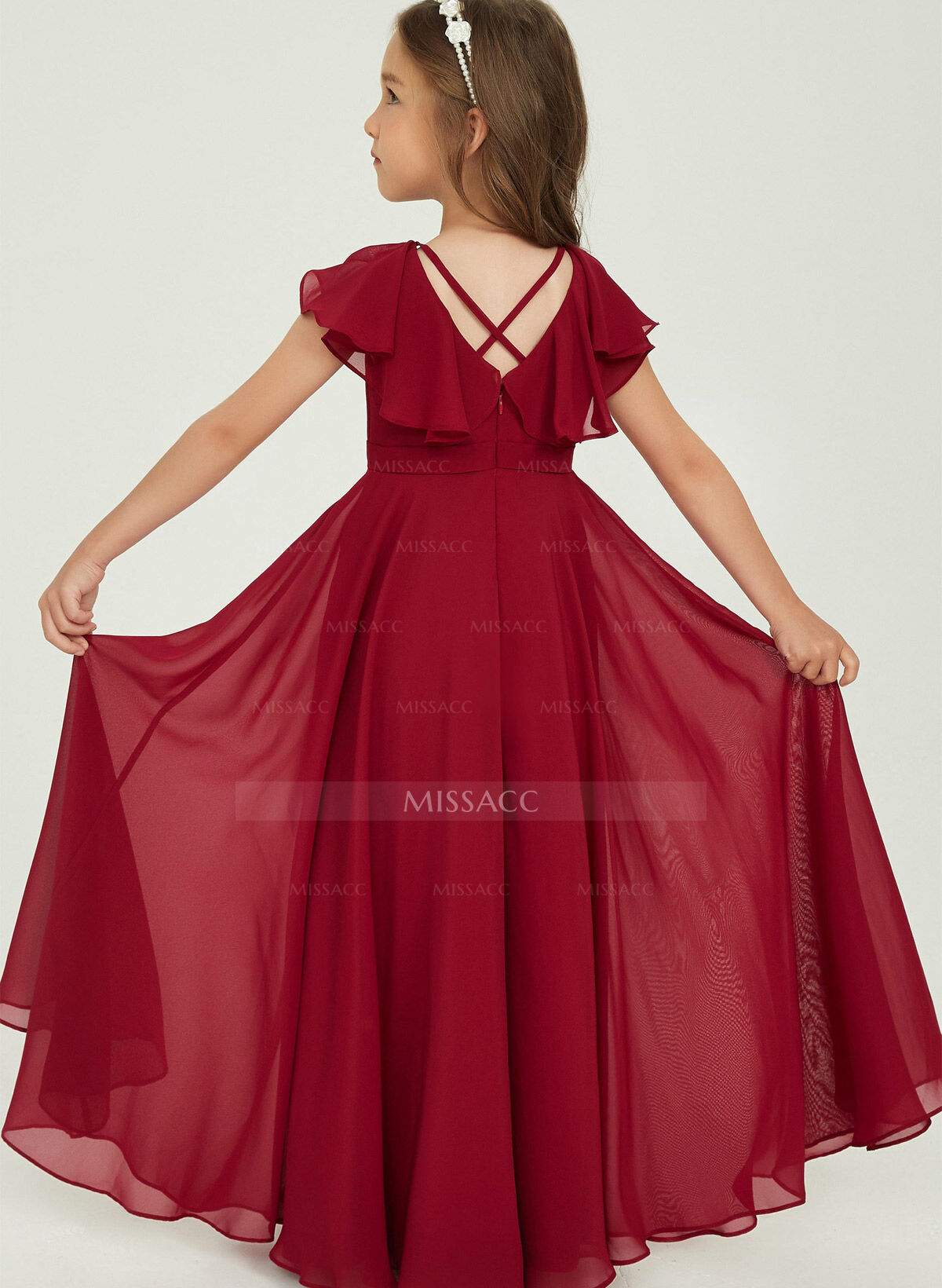 A-Line V-Neck Short Sleeves Floor-Length Chiffon Junior Bridesmaid Dresses With Ruffle