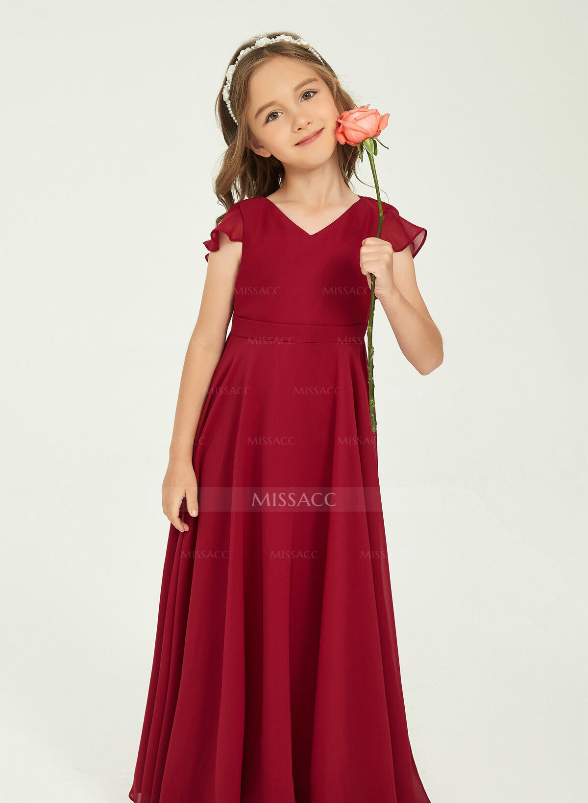 A-Line V-Neck Short Sleeves Floor-Length Chiffon Junior Bridesmaid Dresses With Ruffle