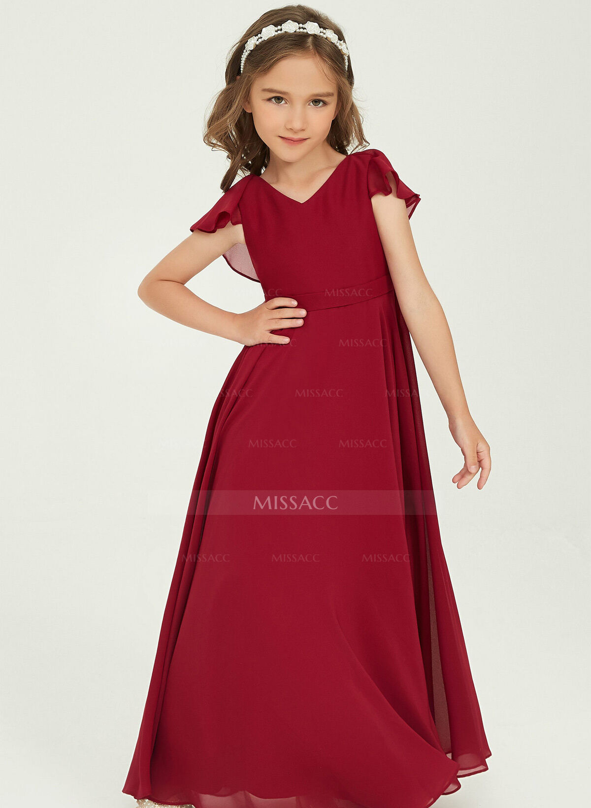 A-Line V-Neck Short Sleeves Floor-Length Chiffon Junior Bridesmaid Dresses With Ruffle