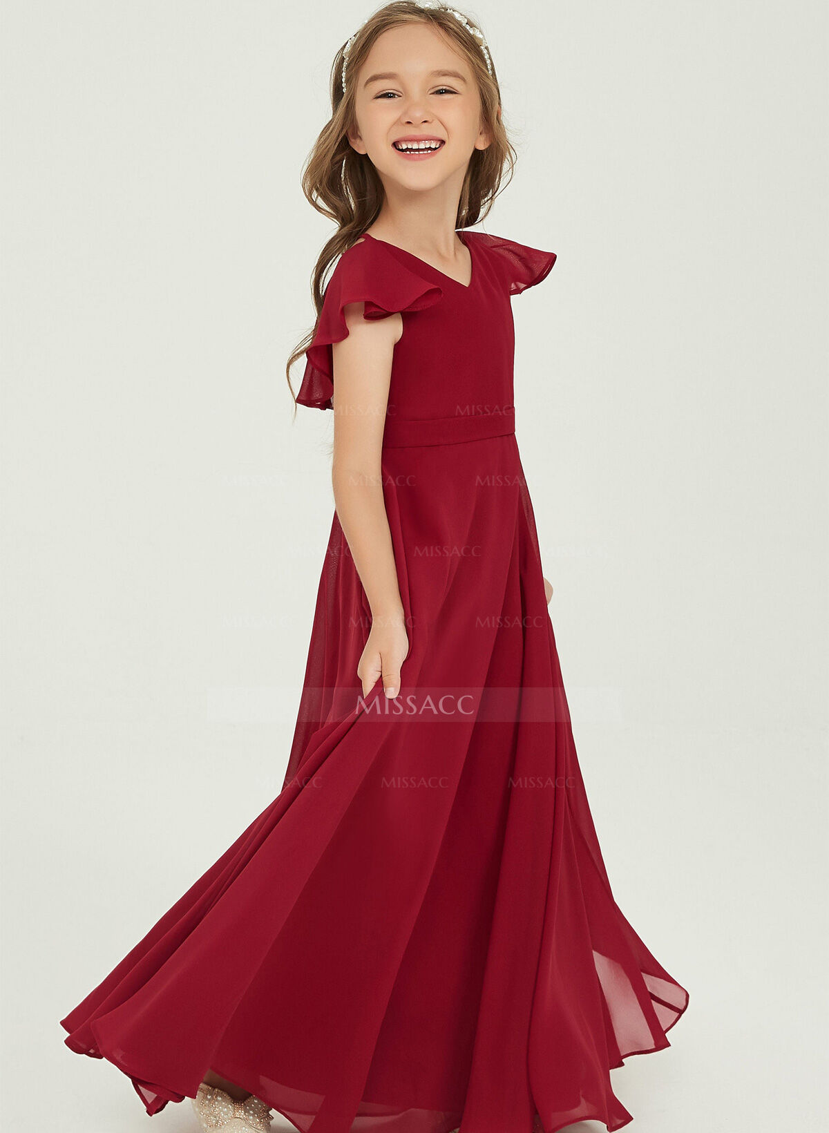 A-Line V-Neck Short Sleeves Floor-Length Chiffon Junior Bridesmaid Dresses With Ruffle