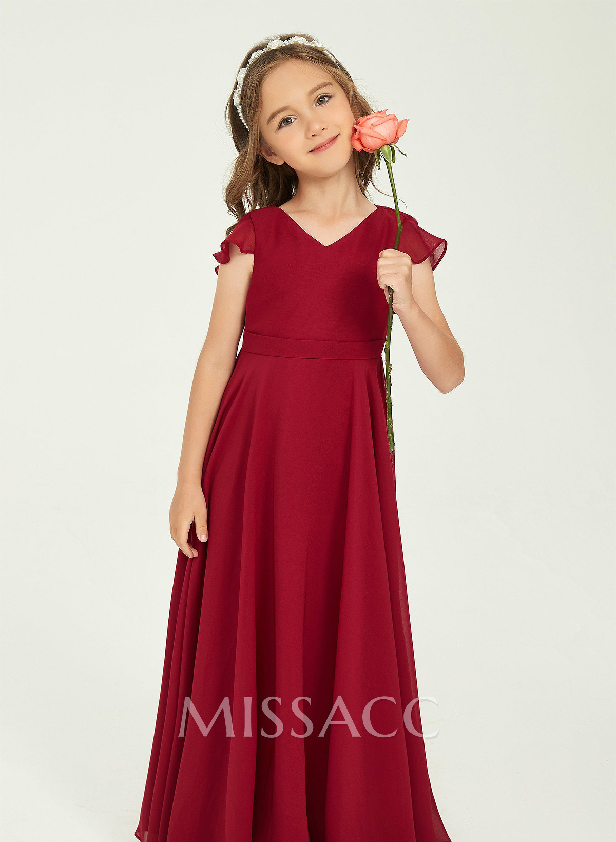 A-Line V-Neck Short Sleeves Floor-Length Chiffon Junior Bridesmaid Dresses With Ruffle