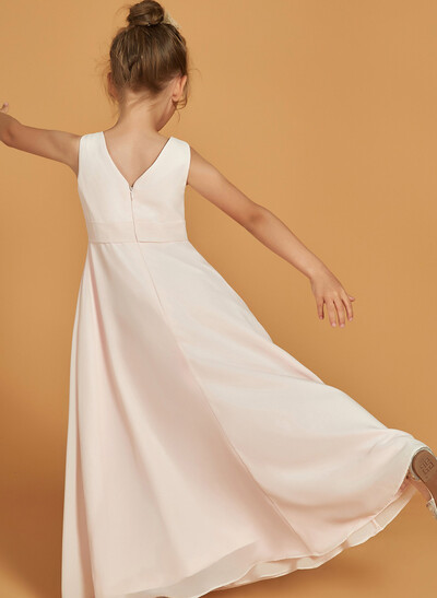 A-Line V-Neck Sleeveless Floor-Length Chiffon Junior Bridesmaid Dresses With Ruffle/Pleated