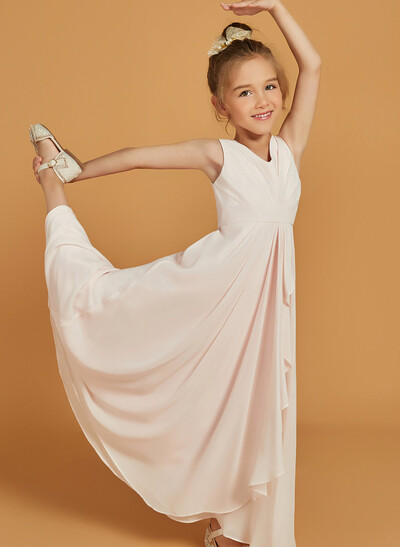 A-Line V-Neck Sleeveless Floor-Length Chiffon Junior Bridesmaid Dresses With Ruffle/Pleated