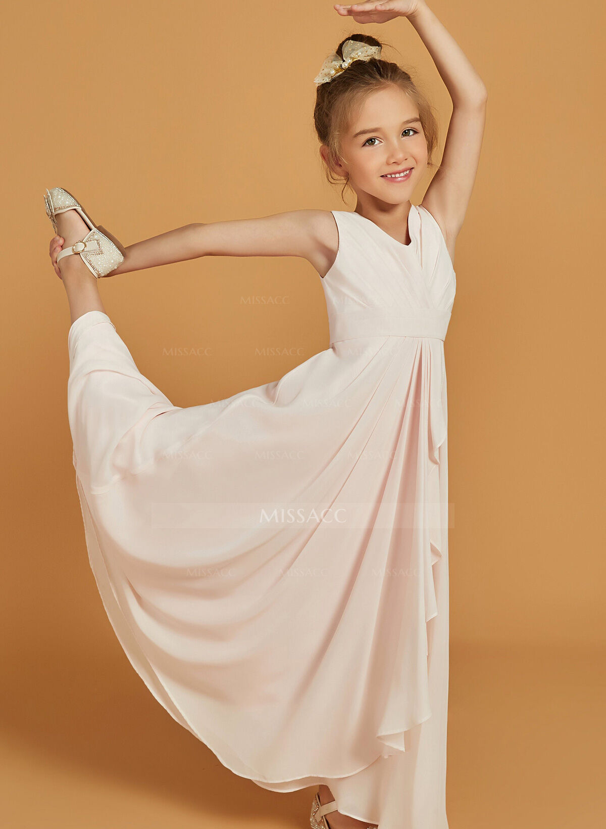 A-Line V-Neck Sleeveless Floor-Length Chiffon Junior Bridesmaid Dresses With Ruffle/Pleated