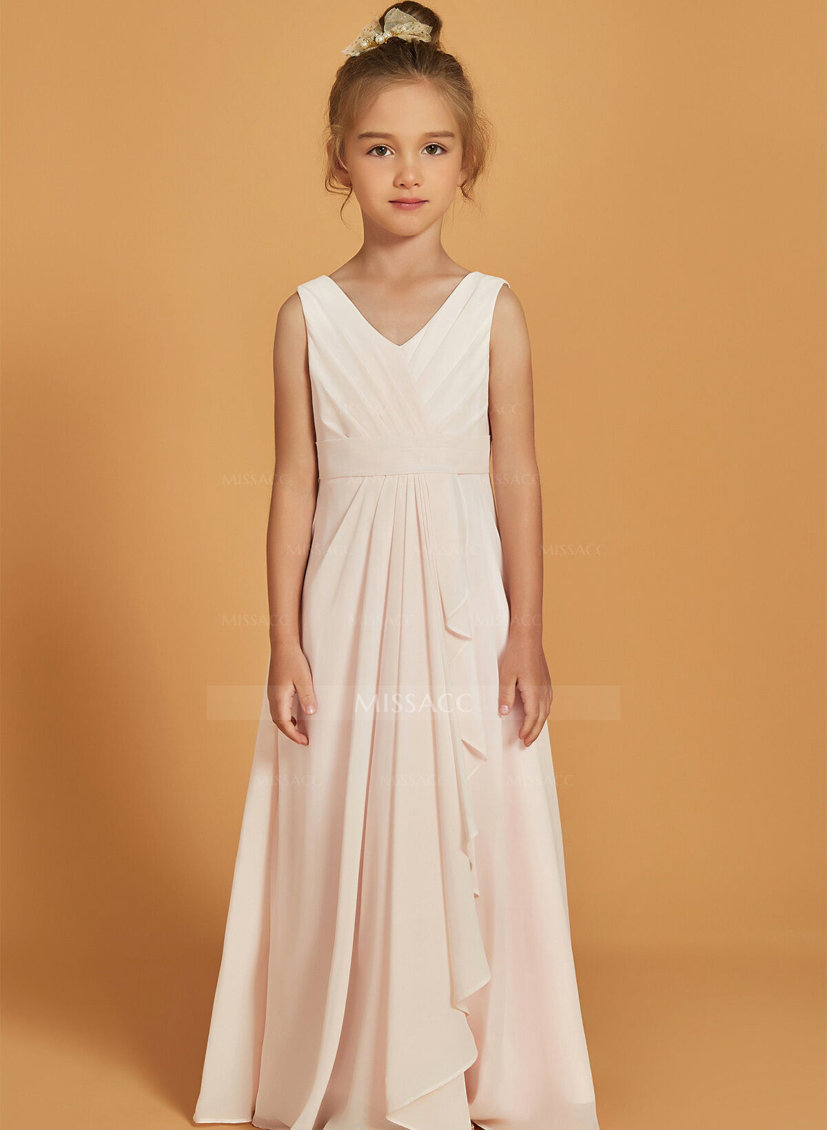 A-Line V-Neck Sleeveless Floor-Length Chiffon Junior Bridesmaid Dresses With Ruffle/Pleated