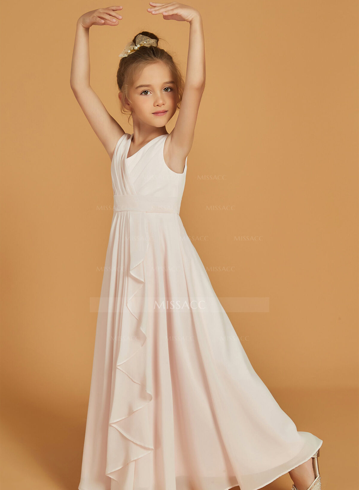 A-Line V-Neck Sleeveless Floor-Length Chiffon Junior Bridesmaid Dresses With Ruffle/Pleated