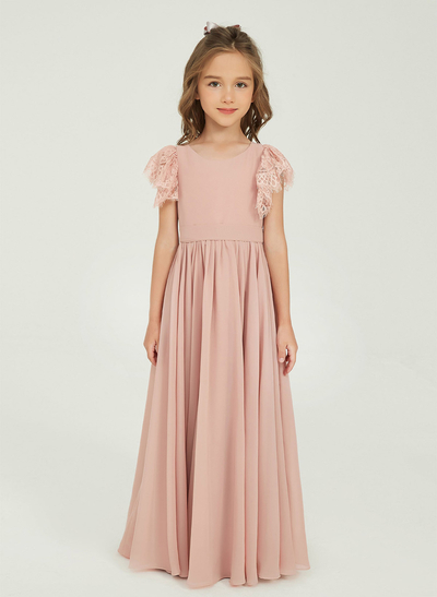 A-Line Scoop Neck Cape Sleeves Floor-Length Chiffon/Lace Junior Bridesmaid Dresses With Lace