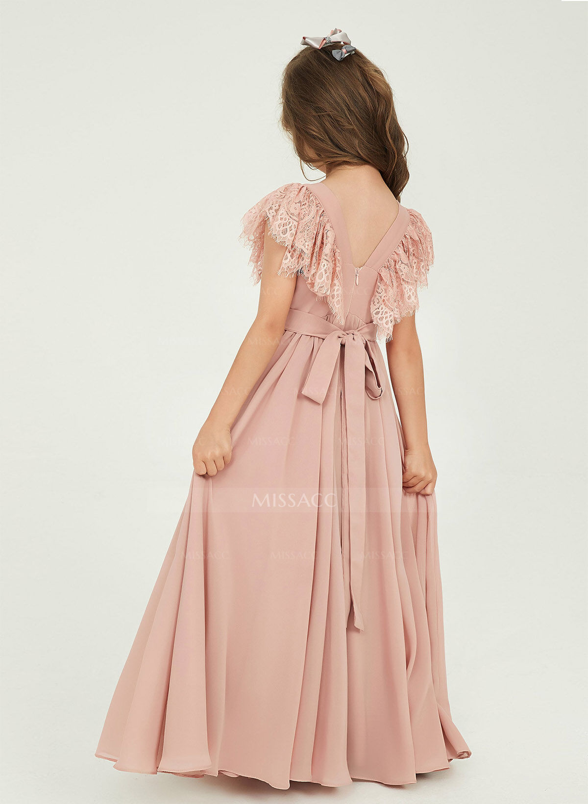 A-Line Scoop Neck Cape Sleeves Floor-Length Chiffon/Lace Junior Bridesmaid Dresses With Lace