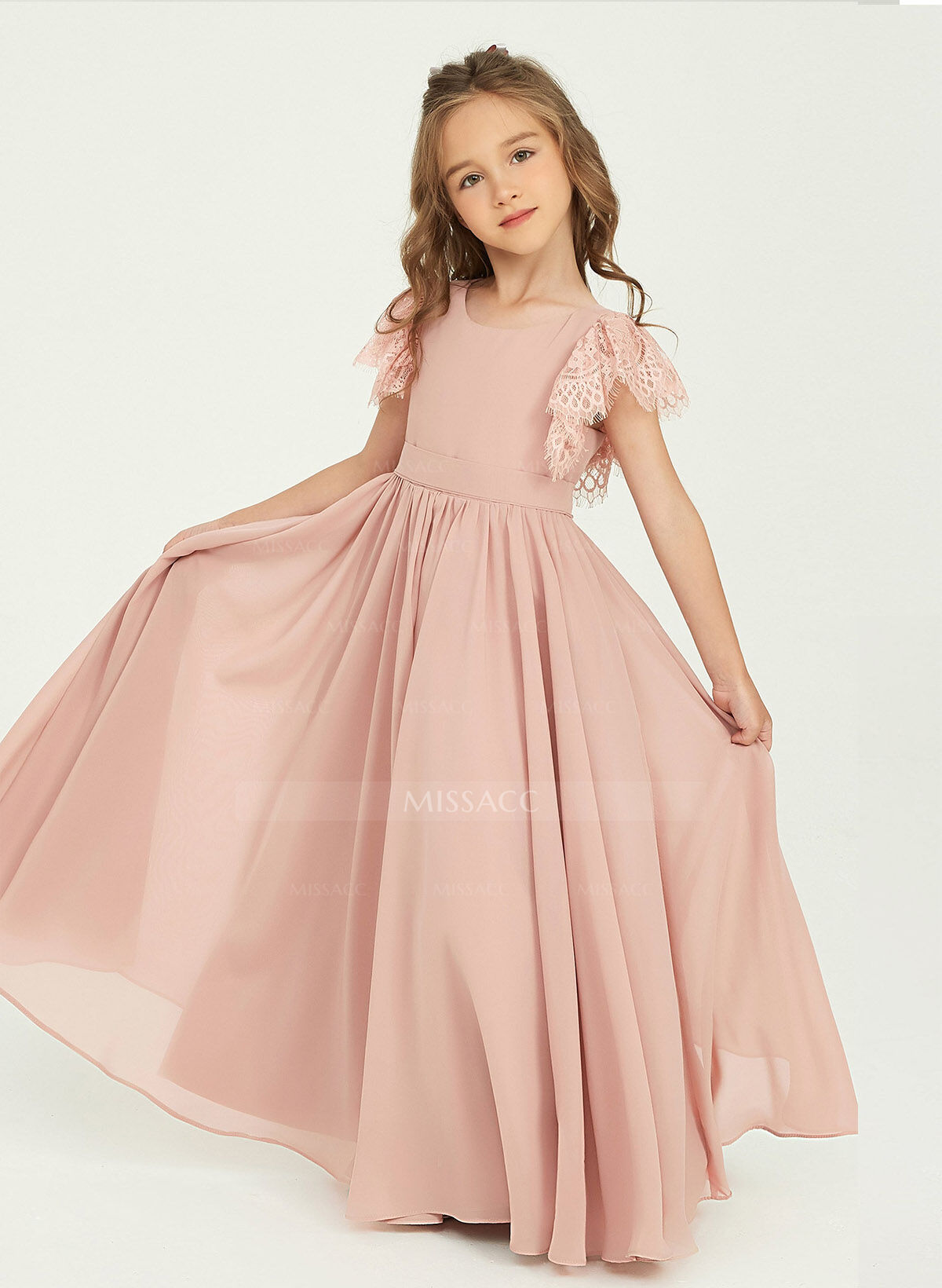 A-Line Scoop Neck Cape Sleeves Floor-Length Chiffon/Lace Junior Bridesmaid Dresses With Lace
