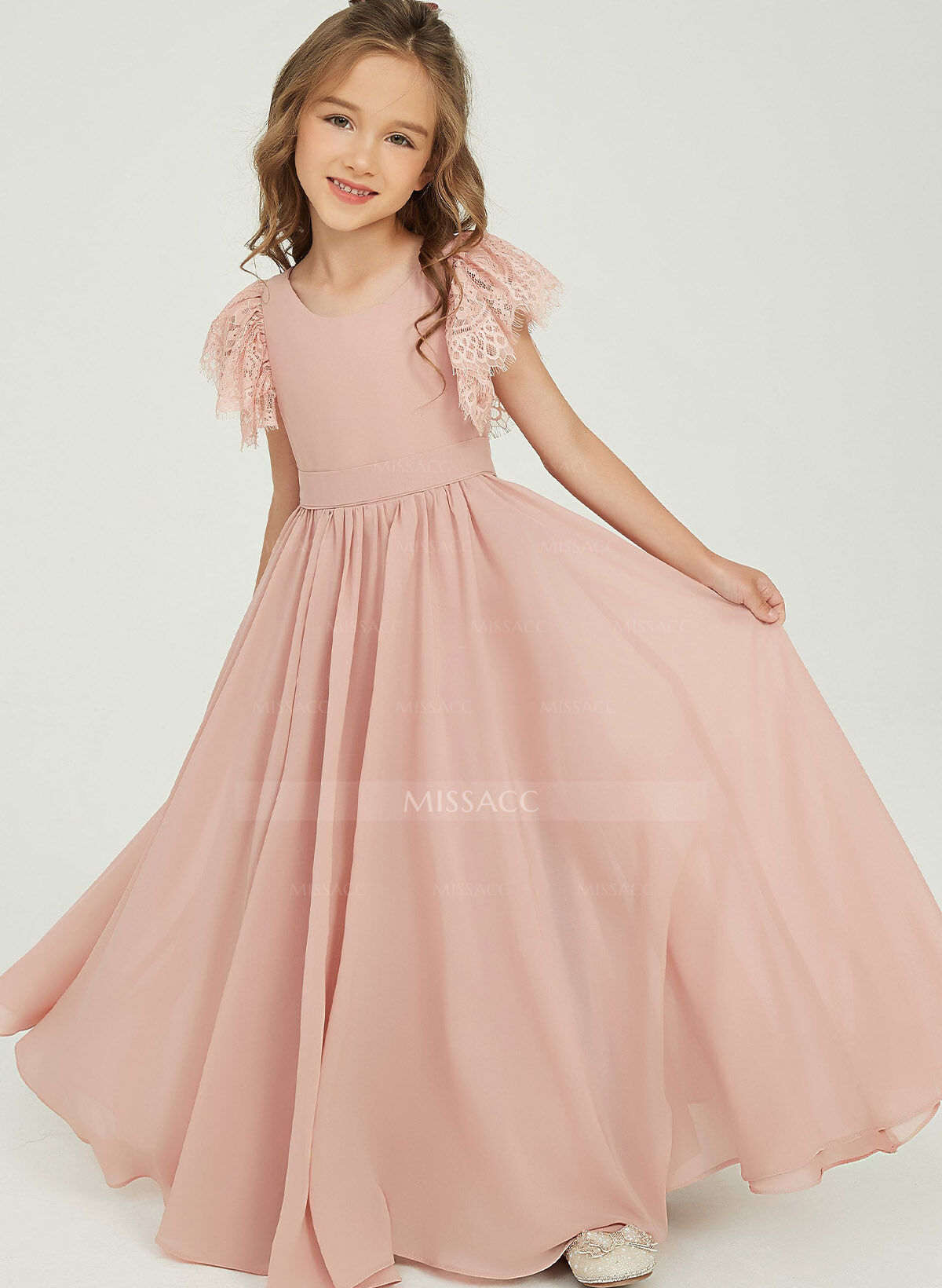 A-Line Scoop Neck Cape Sleeves Floor-Length Chiffon/Lace Junior Bridesmaid Dresses With Lace