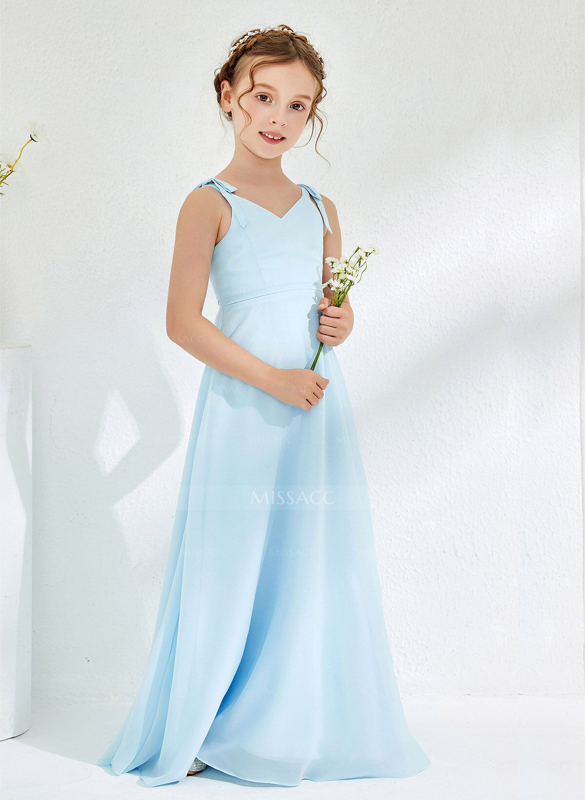 A-Line V-Neck Sleeveless Floor-Length Chiffon Junior Bridesmaid Dresses With Bow(s)