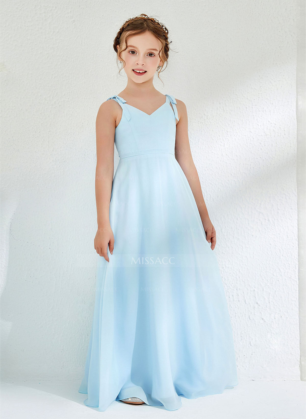A-Line V-Neck Sleeveless Floor-Length Chiffon Junior Bridesmaid Dresses With Bow(s)