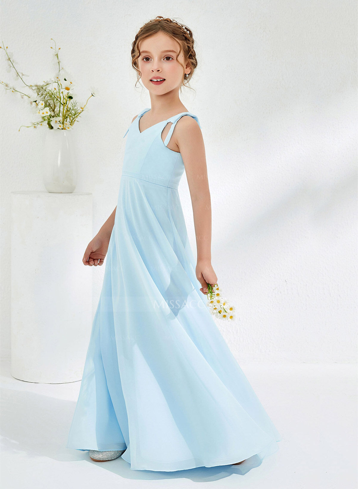 A-Line V-Neck Sleeveless Floor-Length Chiffon Junior Bridesmaid Dresses With Bow(s)
