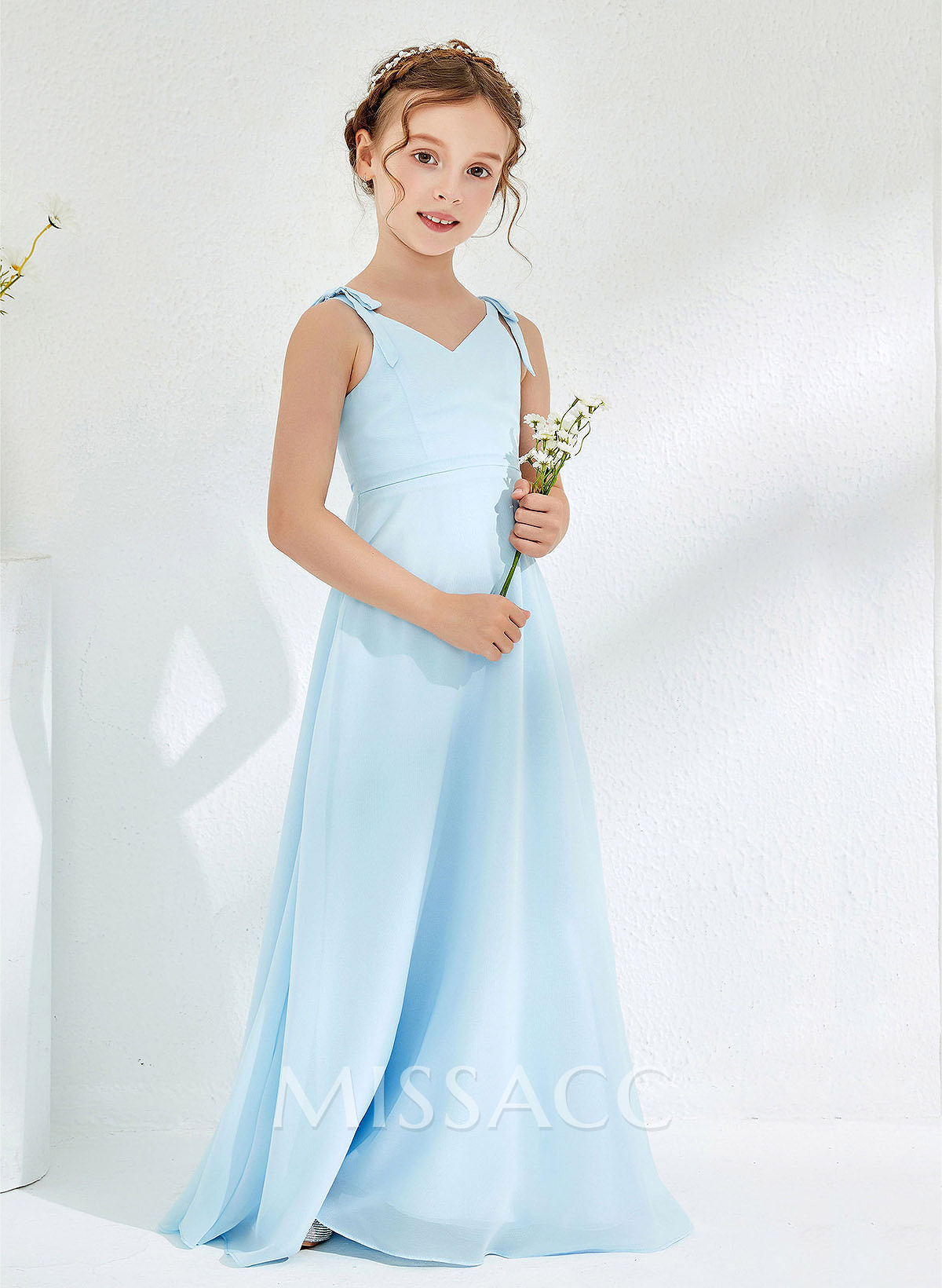 A-Line V-Neck Sleeveless Floor-Length Chiffon Junior Bridesmaid Dresses With Bow(s)