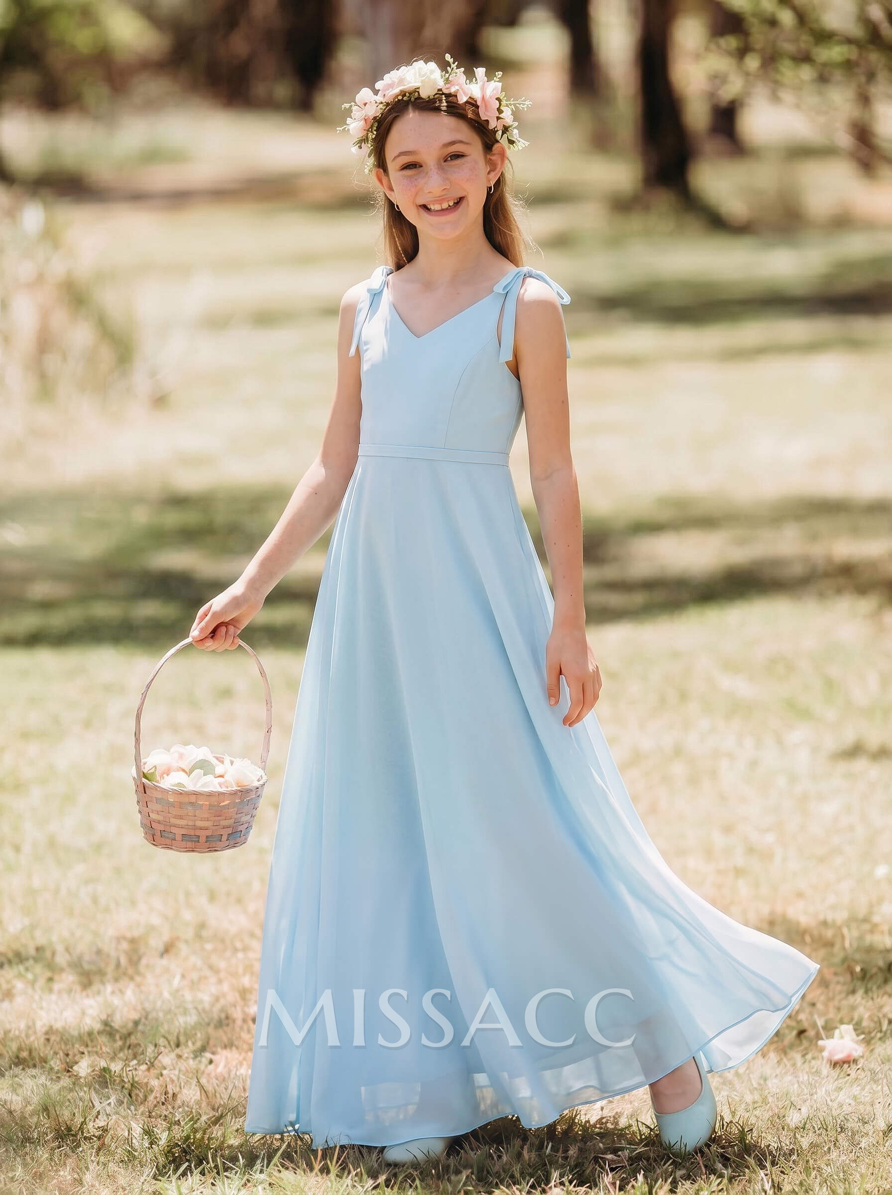 A-Line V-Neck Sleeveless Floor-Length Chiffon Junior Bridesmaid Dresses With Bow(s)