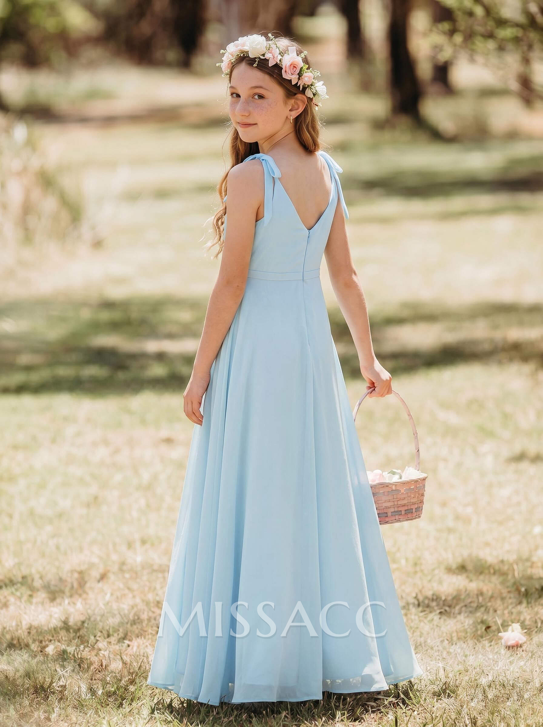 A-Line V-Neck Sleeveless Floor-Length Chiffon Junior Bridesmaid Dresses With Bow(s)