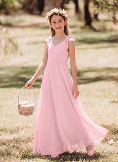 A-Line V-Neck Sleeveless Floor-Length Chiffon Junior Bridesmaid Dresses With Bow(s)