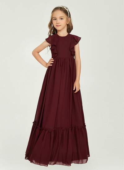 A-Line Scoop Neck Cape Sleeves Floor-Length Chiffon Junior Bridesmaid Dresses With Ruffle