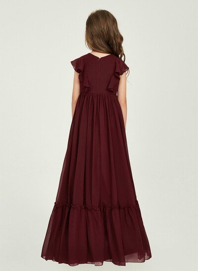 A-Line Scoop Neck Cape Sleeves Floor-Length Chiffon Junior Bridesmaid Dresses With Ruffle