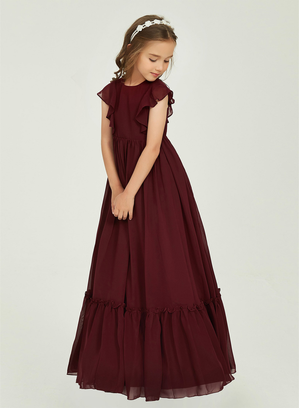 A-Line Scoop Neck Cape Sleeves Floor-Length Chiffon Junior Bridesmaid Dresses With Ruffle
