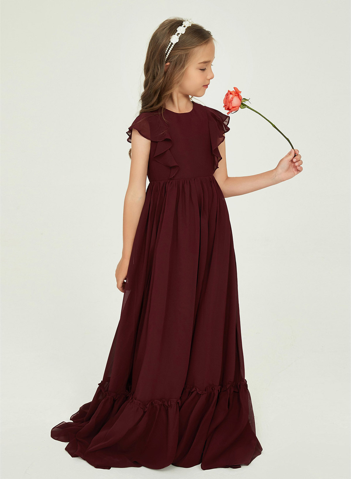 A-Line Scoop Neck Cape Sleeves Floor-Length Chiffon Junior Bridesmaid Dresses With Ruffle