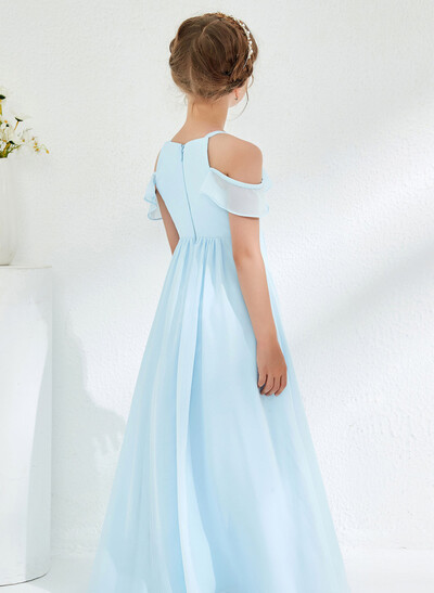 A-Line Off-The-Shoulder Short Sleeves Floor-Length Chiffon Junior Bridesmaid Dresses With Pleated