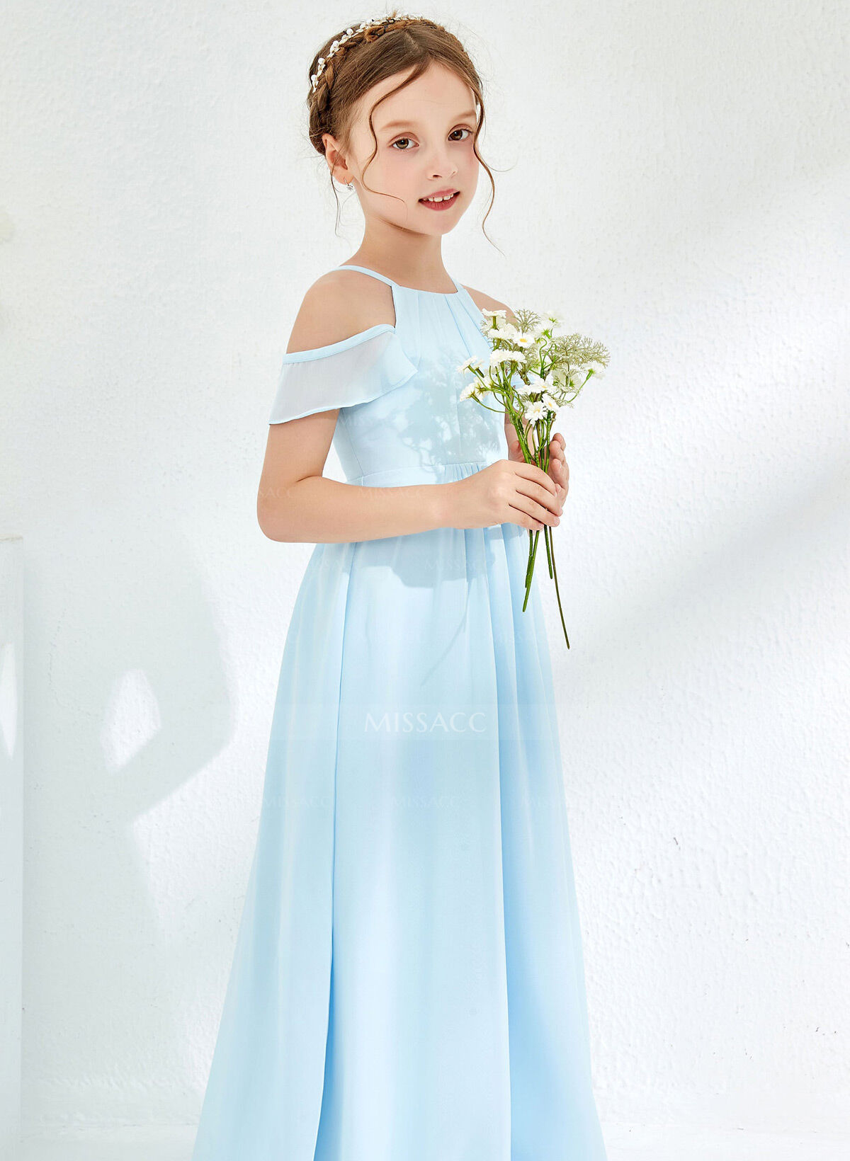A-Line Off-The-Shoulder Short Sleeves Floor-Length Chiffon Junior Bridesmaid Dresses With Pleated