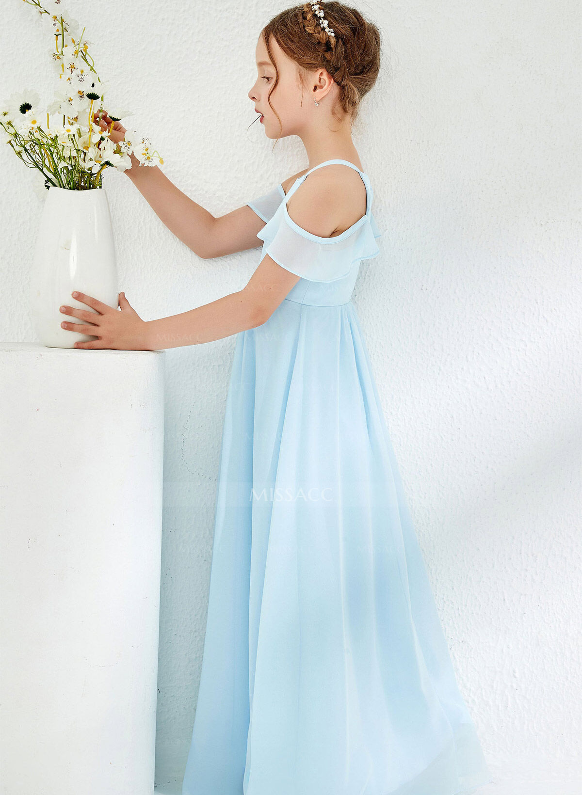A-Line Off-The-Shoulder Short Sleeves Floor-Length Chiffon Junior Bridesmaid Dresses With Pleated