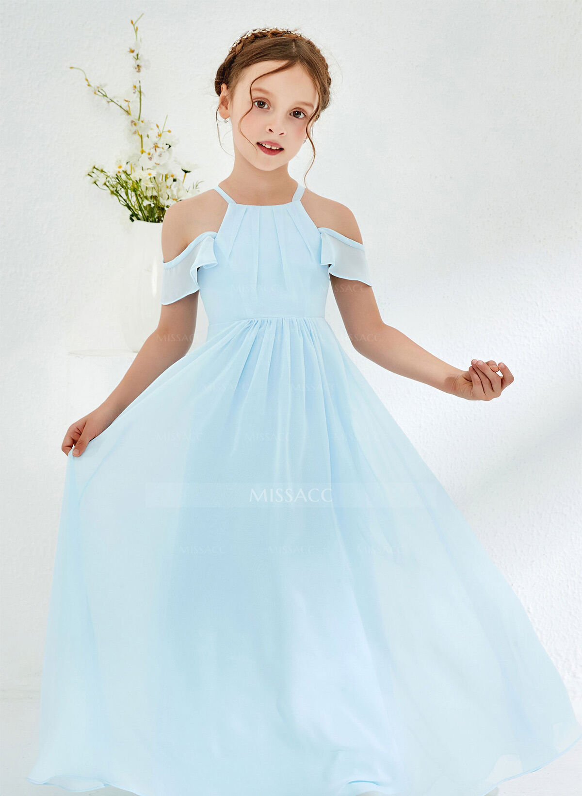 A-Line Off-The-Shoulder Short Sleeves Floor-Length Chiffon Junior Bridesmaid Dresses With Pleated