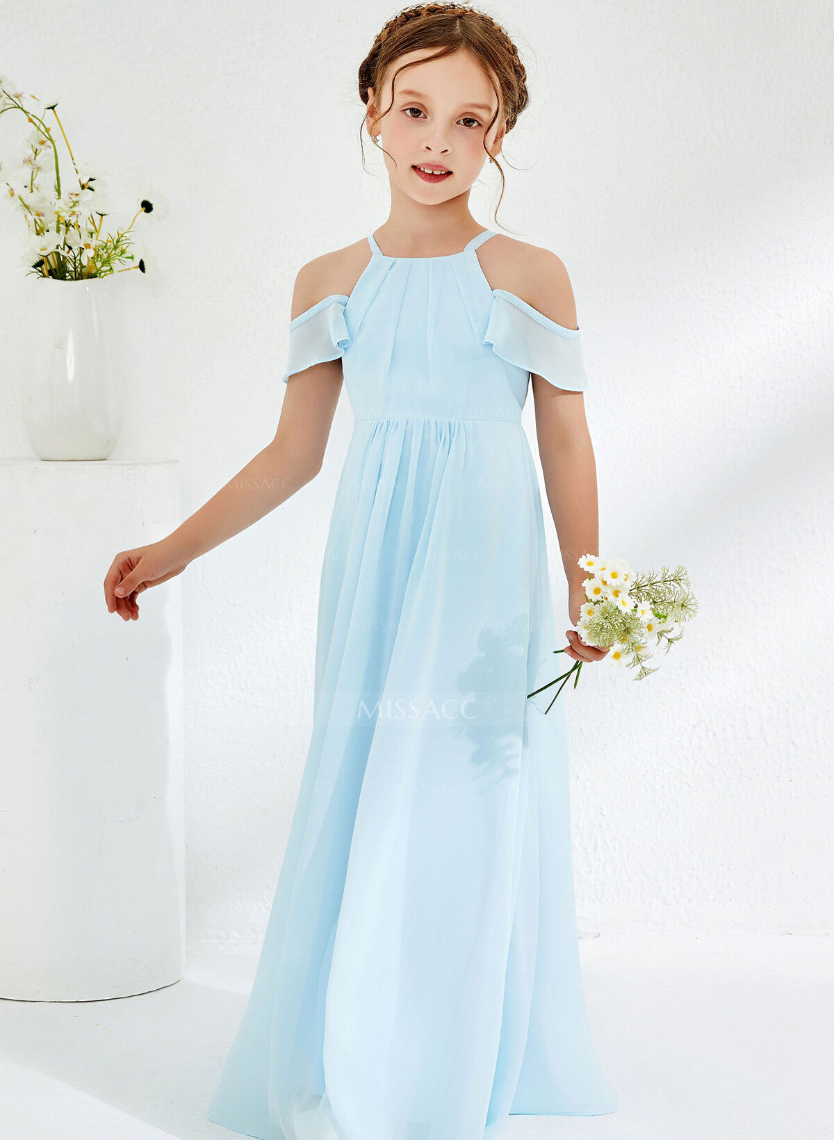 A-Line Off-The-Shoulder Short Sleeves Floor-Length Chiffon Junior Bridesmaid Dresses With Pleated