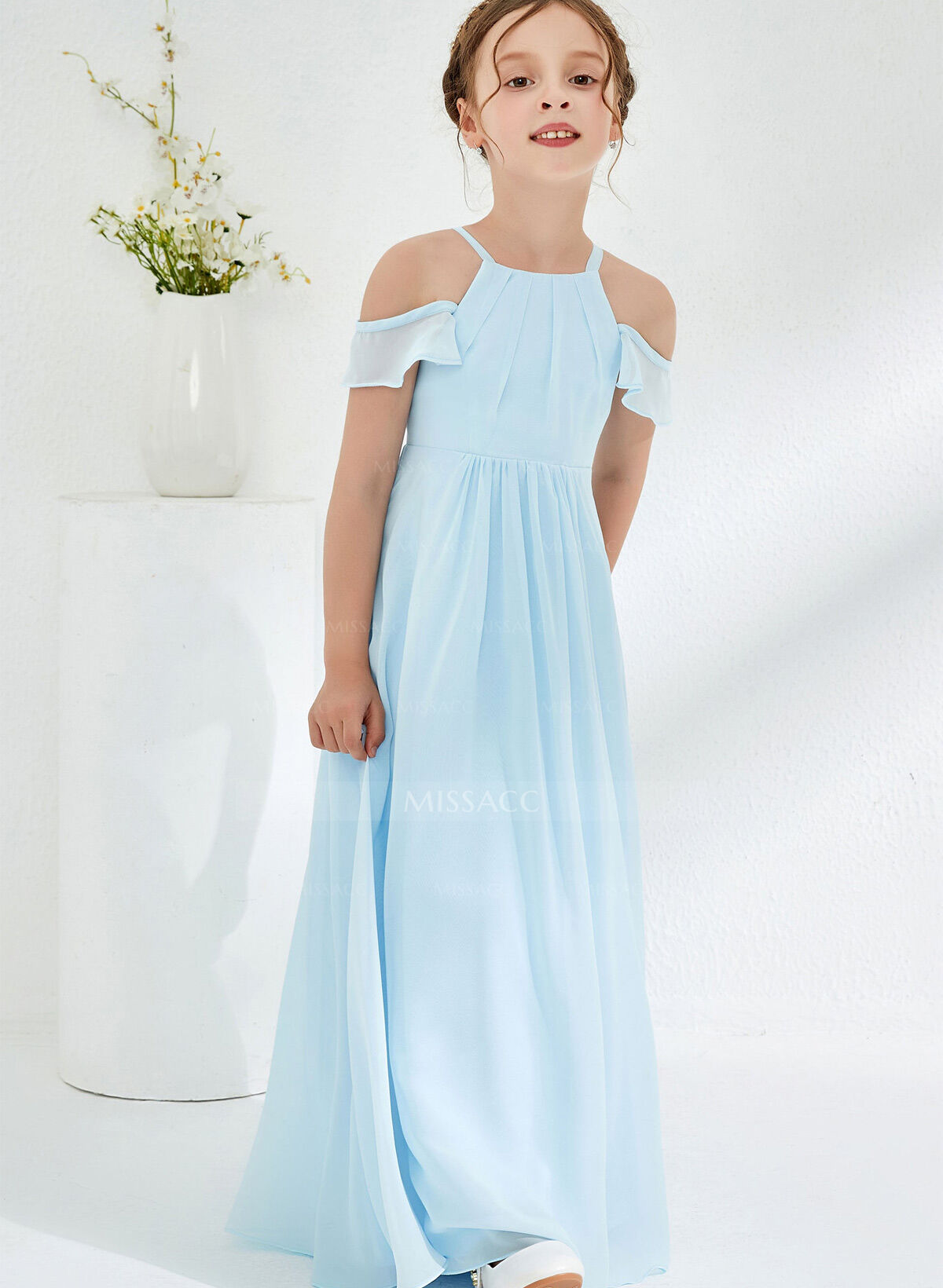 A-Line Off-The-Shoulder Short Sleeves Floor-Length Chiffon Junior Bridesmaid Dresses With Pleated