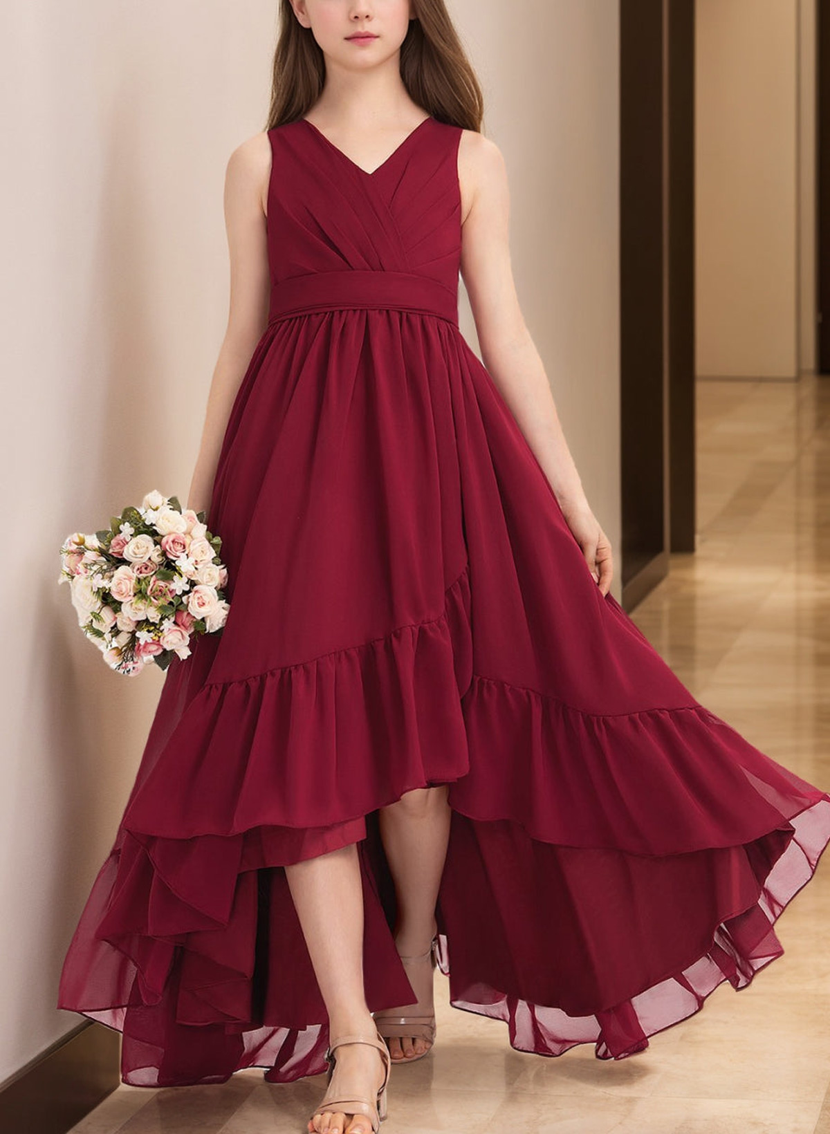 A-Line V-Neck Sleeveless Asymmetrical Chiffon Junior Bridesmaid Dresses With Bow(s)/Pleated
