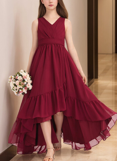 A-Line V-Neck Sleeveless Asymmetrical Chiffon Junior Bridesmaid Dresses With Bow(s)/Pleated