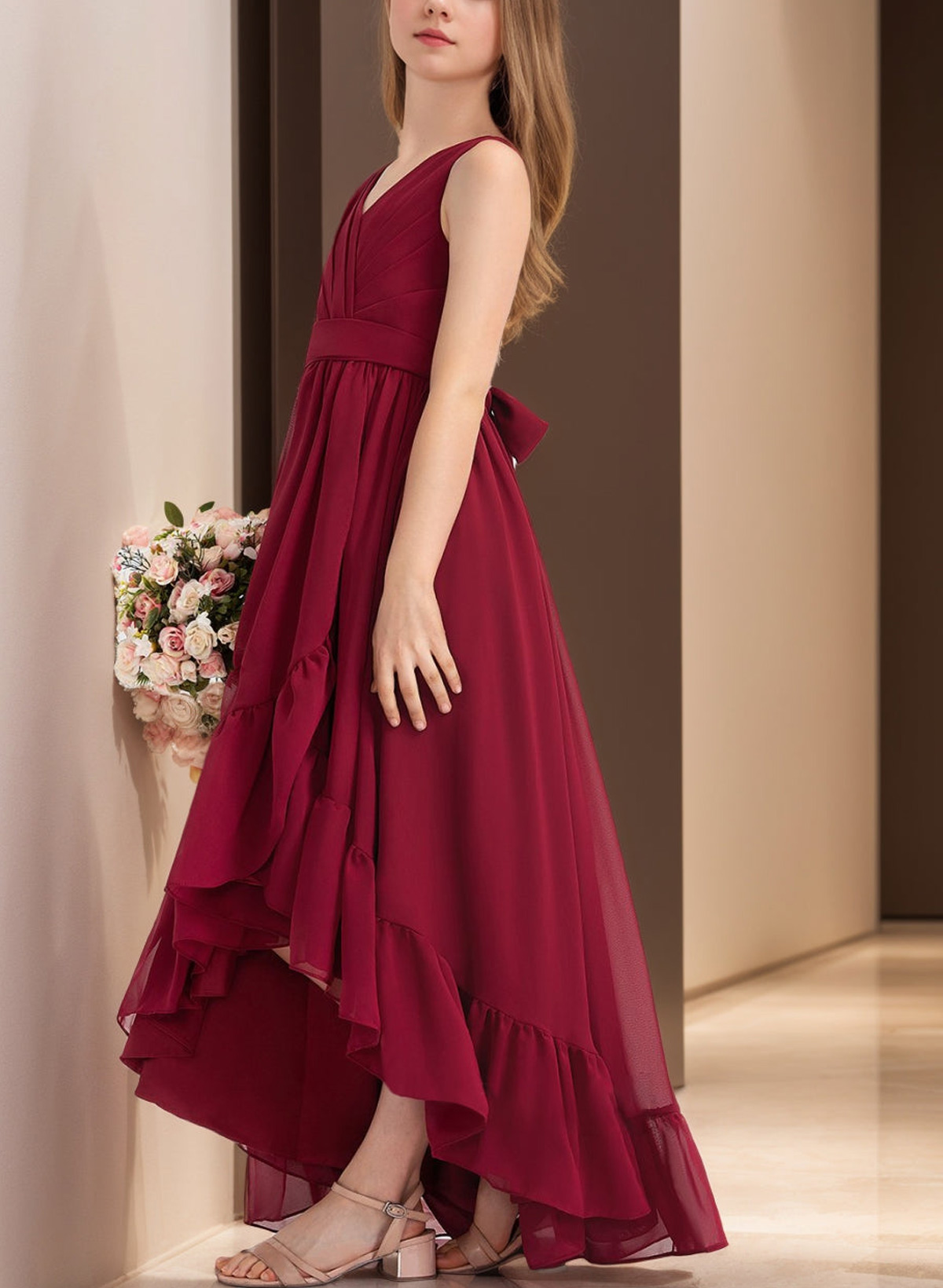 A-Line V-Neck Sleeveless Asymmetrical Chiffon Junior Bridesmaid Dresses With Bow(s)/Pleated