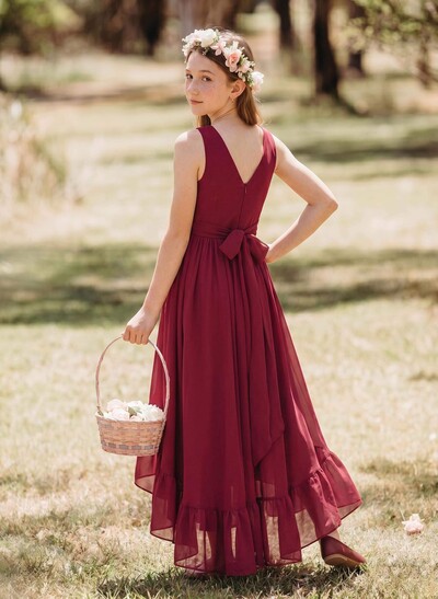 A-Line V-Neck Sleeveless Asymmetrical Chiffon Junior Bridesmaid Dresses With Bow(s)/Pleated