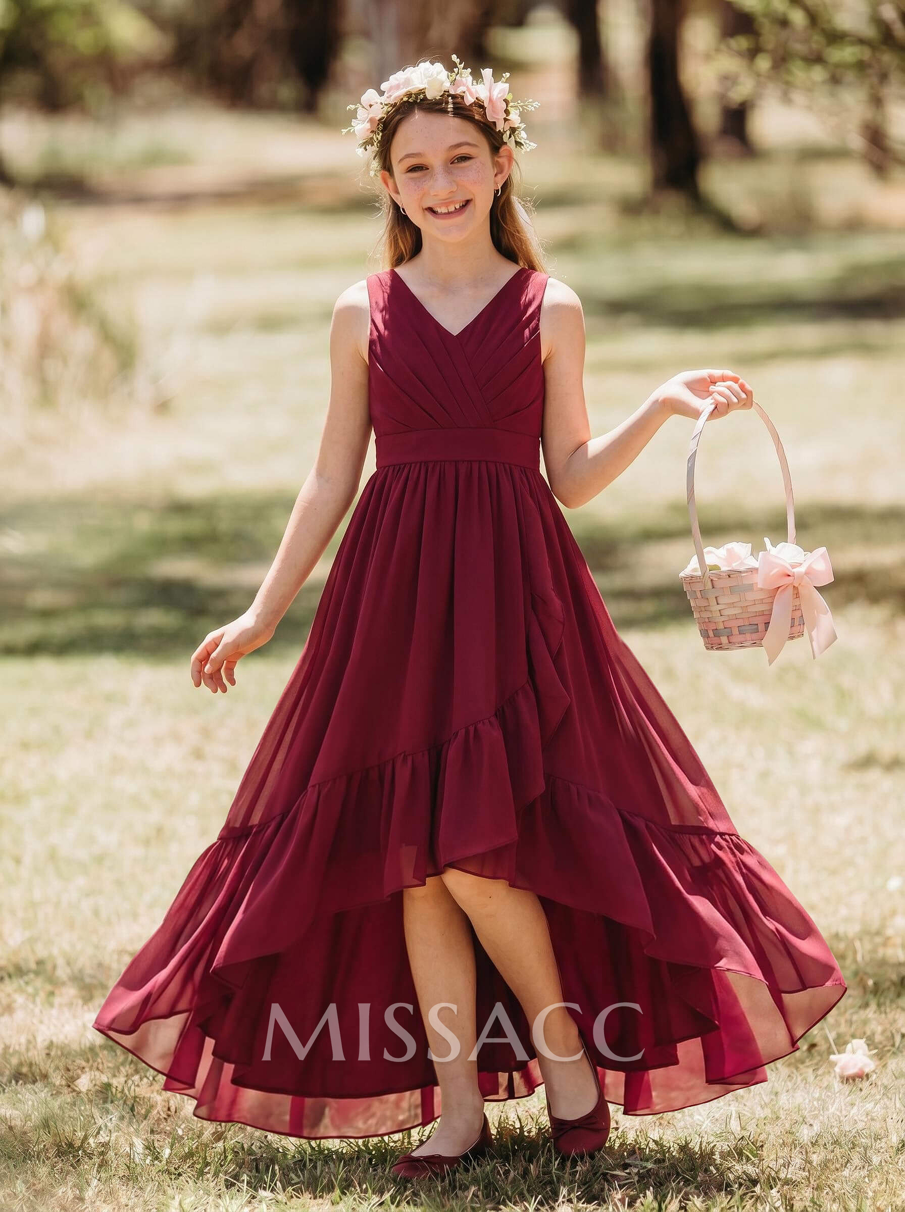 A-Line V-Neck Sleeveless Asymmetrical Chiffon Junior Bridesmaid Dresses With Bow(s)/Pleated