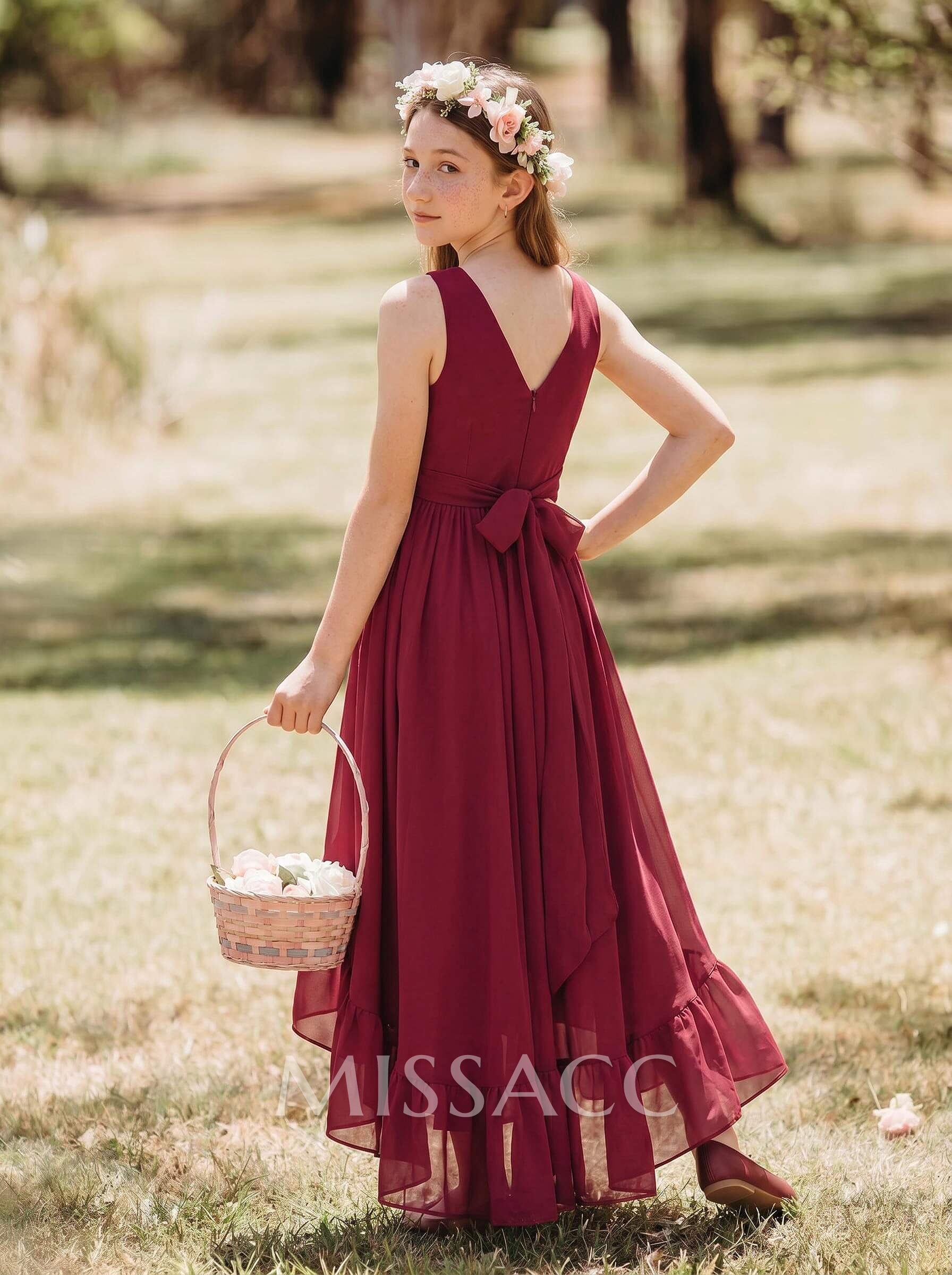 A-Line V-Neck Sleeveless Asymmetrical Chiffon Junior Bridesmaid Dresses With Bow(s)/Pleated